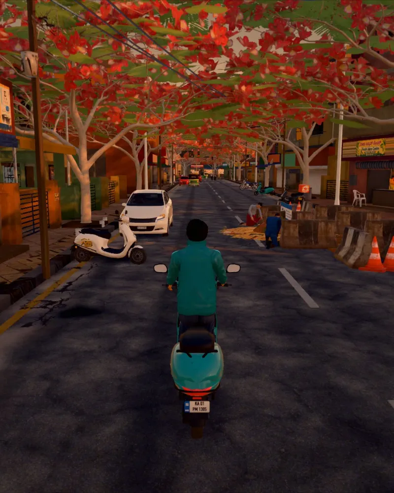 A delivery rider on a scooter under a red gulmohar canopy, golden hour.